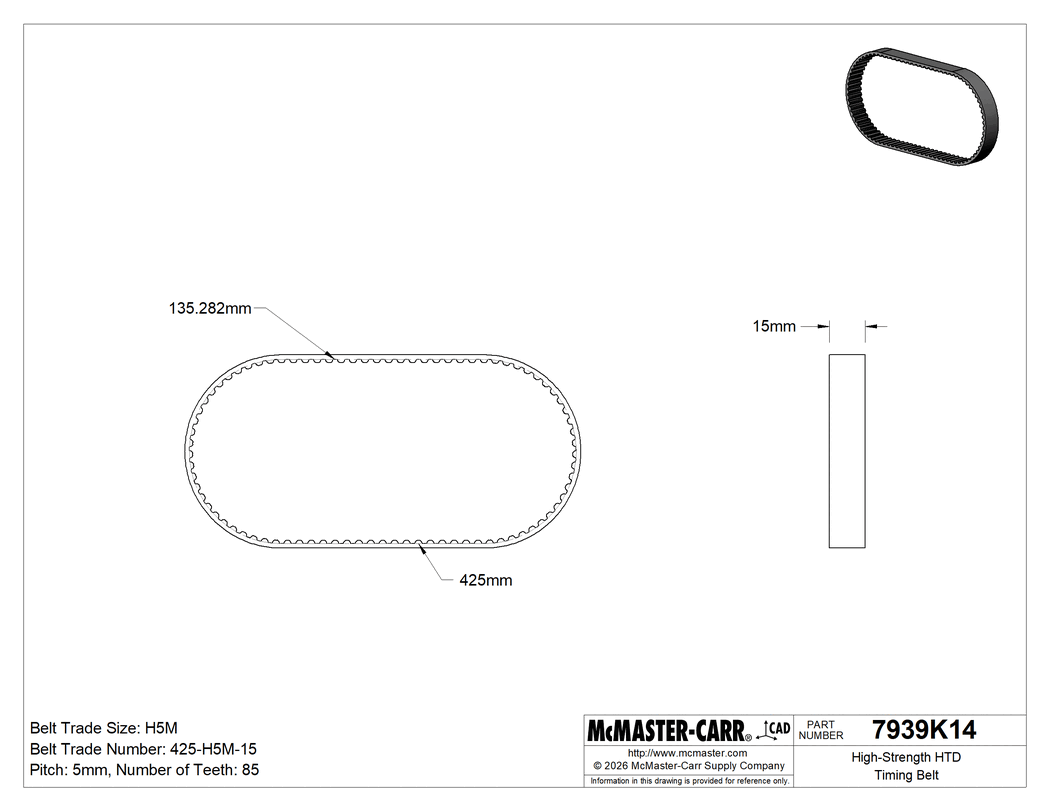 Technical Drawing of High-Strength HTD Timing Belt, 15 mm Wide, Trade Number 425-5m-15.